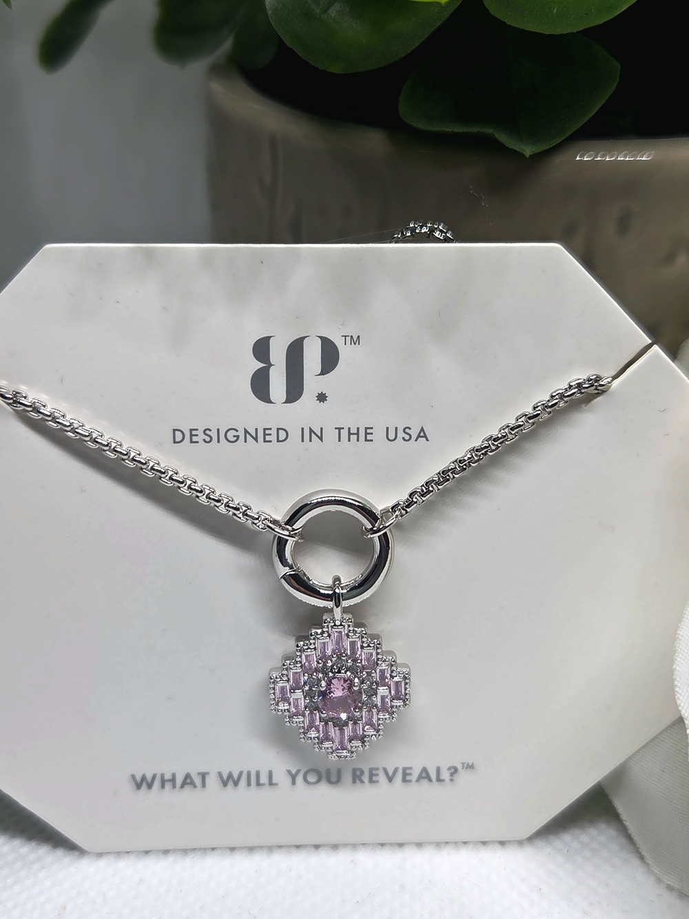 bp Silver-Tone Necklace with Light Pink Cluster Pendant